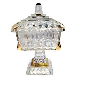 Jeannette Glass Wedding Bowl Lidded Pedestal Candy Dish Trinket Gold Trim Glassw